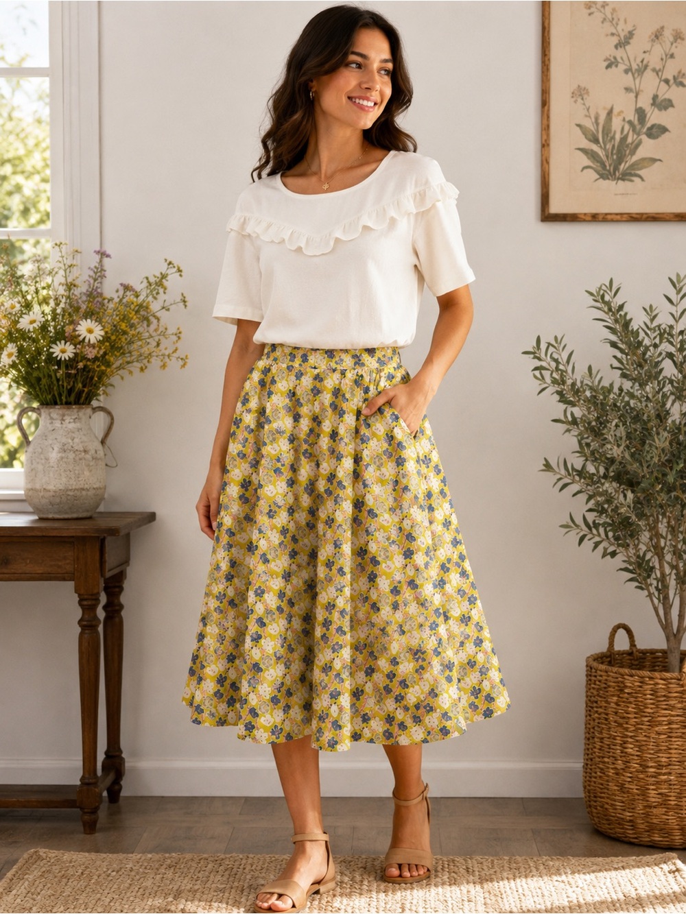 NWT Tulip B Vintage Inspired A-Lined Floral Midi Skirt Yellow Blue Pink Pockets